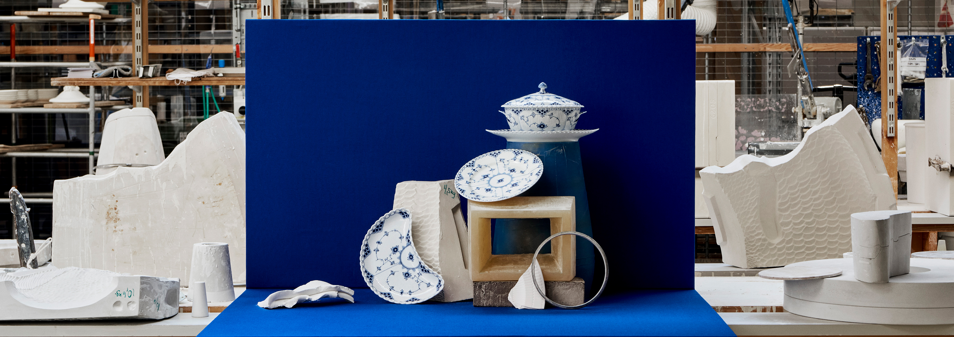 A selection of Blue Fluted Full Lace on display